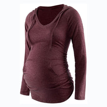 Load image into Gallery viewer, Maternity solid color hooded pocket long-sleeved T-shirt
