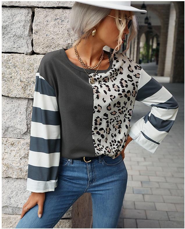 Women's leopard print stitching striped long-sleeved T-shirt