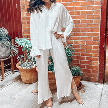Load image into Gallery viewer, Women&#39;s Solid Color Pressed Pleated Long Sleeve Cardigan Shirt Slit Top Trousers Two-Piece Set
