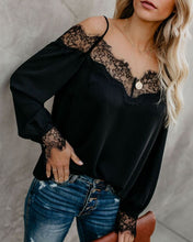 Load image into Gallery viewer, New Sexy Lace Splice Chiffon Long Sleeve V-Neck Top Solid T-Shirt
