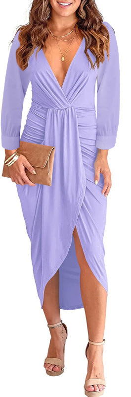 Women's solid color V-neck pleated bag hip slit women's dress