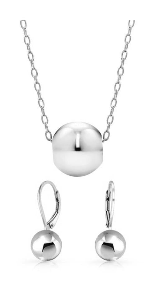 Ball Necklace Drop and Leerback Earring Satin 18k White Gold Filled