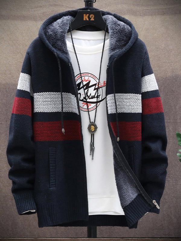 Men’s Color Block Faux Fur Lining Zip Front Hooded Drawstring Hood Sweatshirt Jacket
