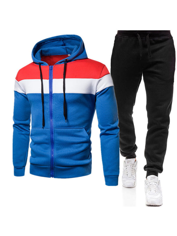 Men's color block long sleeve hooded sweatshirt sets