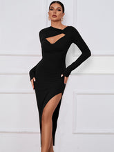 Load image into Gallery viewer, Women’s Long Sleeve Angled Neckline Dress With Front Cutouts And Leg Slit
