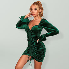 Load image into Gallery viewer, Women’s Ruched Sweetheart Neckline With Puff Sleeve And Bell Cuffs Velvet Mini Dress
