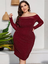 Load image into Gallery viewer, Women’s Plus Size Shimmering Off The Shoulder Lace Long Sleeve Ruched Skirt Midi Dress
