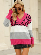 Load image into Gallery viewer, v-neck sweater women&#39;s cross-borde leopard print color matching knitted sweater women
