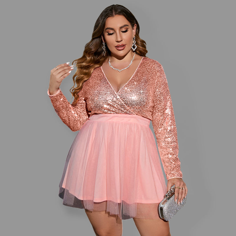 Plus Size Women's Sequin Stitching Mesh Sexy Sweet Party Dress