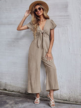 Load image into Gallery viewer, Women&#39;s Solid Color Tie Front Cutout Flutter Sleeve Crop Jumpsuit
