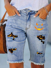 Load image into Gallery viewer, New denim casual five-point pants Halloween printed pants raw edge jeans
