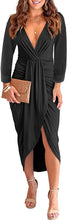 Load image into Gallery viewer, Women&#39;s solid color V-neck pleated bag hip slit women&#39;s dress
