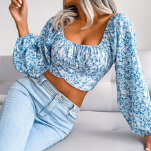 Load image into Gallery viewer, Lantern sleeve bowknot floral chiffon shirt holiday style crop top
