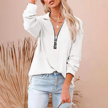 Load image into Gallery viewer, Women&#39;s casual solid color zipper V-neck long-sleeved rib sweatshirt
