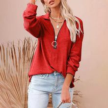 Load image into Gallery viewer, Women&#39;s casual solid color zipper V-neck long-sleeved rib sweatshirt
