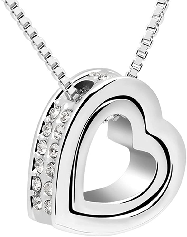 18K White Gold Plated Two Hearts Together Foreer Necklace with Classic Stud Earrings Set
