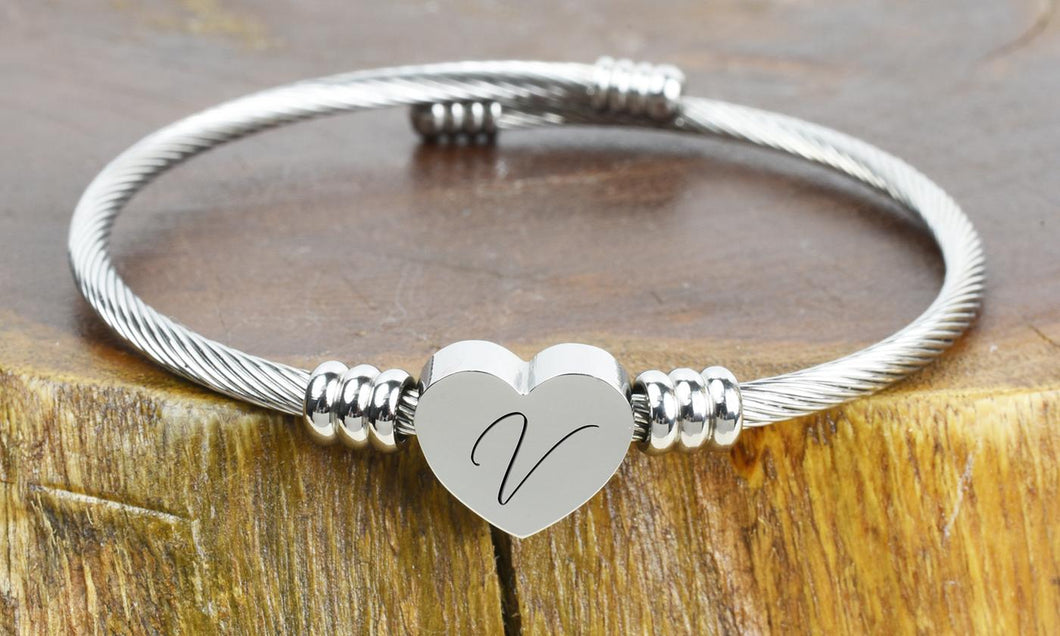 Stainless Steel Inscribed Heart Initial Bracelet - V