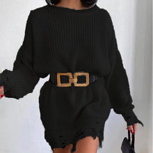 Load image into Gallery viewer, Women&#39;s solid color crew neck ripped sweater dress
