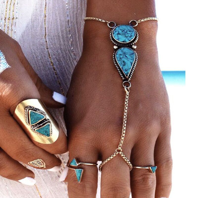 Turquoise Hand Chain Bracelet 18K White Gold Plated Bracelet
