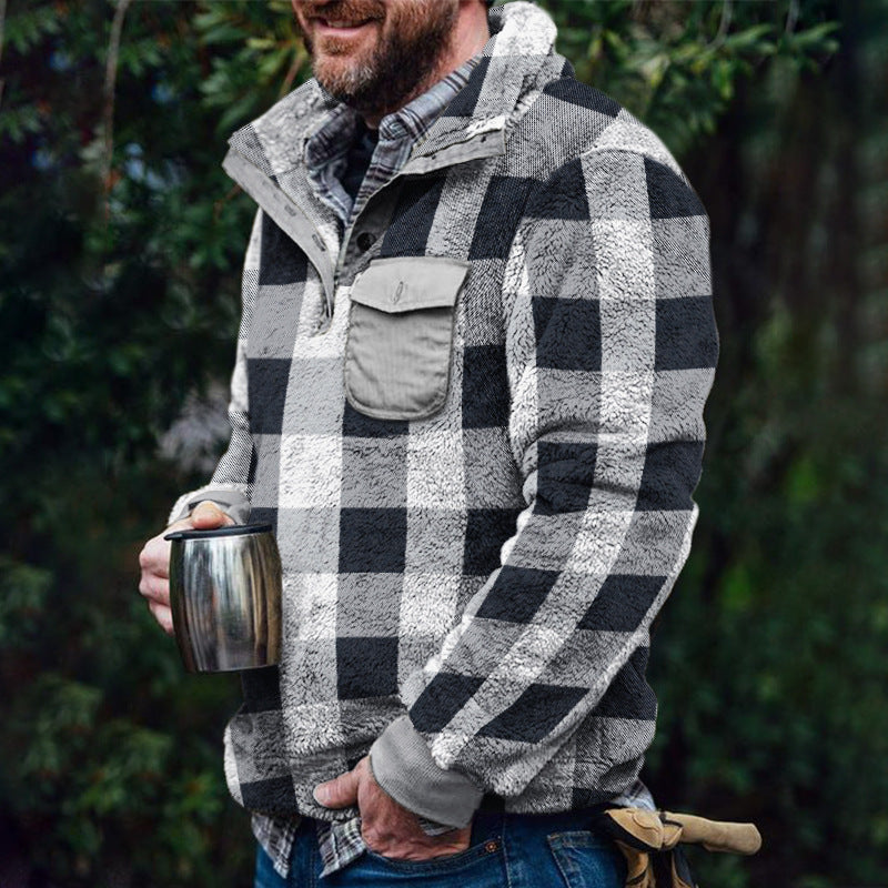 Men's plaid print plush long-sleeved sweatshirt