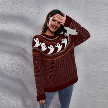 Load image into Gallery viewer, Women&#39;s Halloween Ghost retro wave point long sleeve knitted sweater
