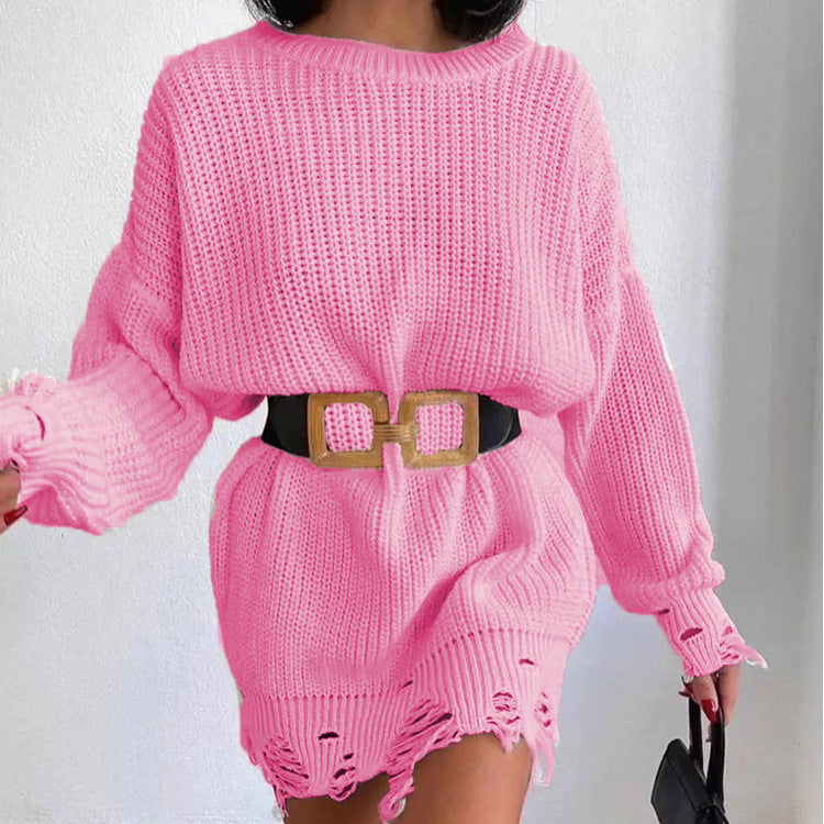 Women's solid color crew neck ripped sweater dress