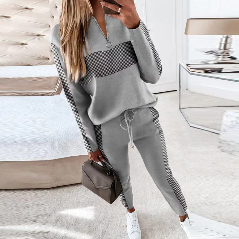 New women's gray stitching zipper track suit