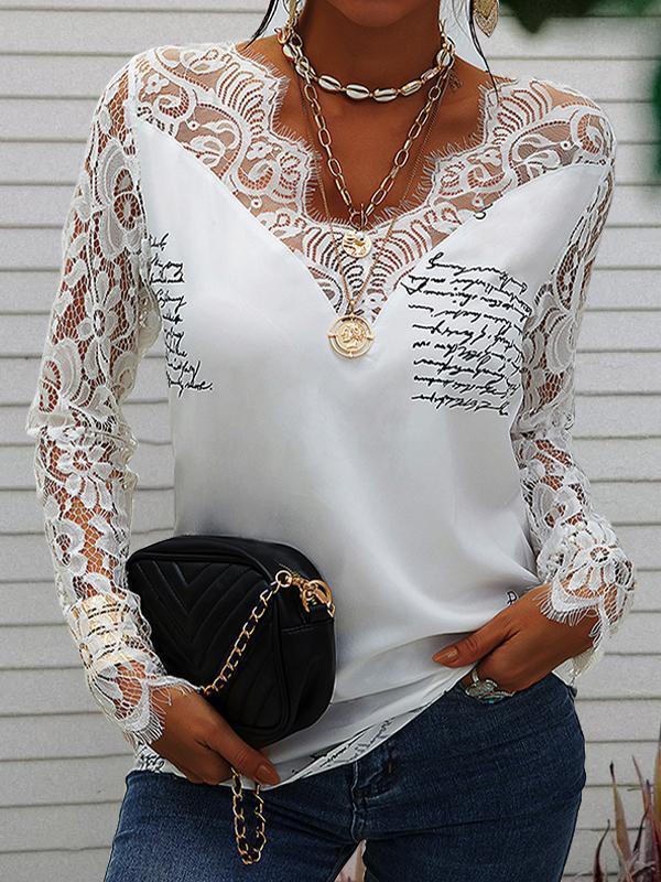 Women's Sexy Trim Lace Printed Long Sleeve Shirt