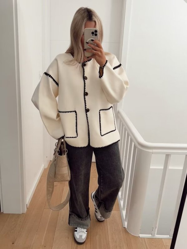 Women's New Fashion Button Round Neck Loose Color Block Knitted Jacket