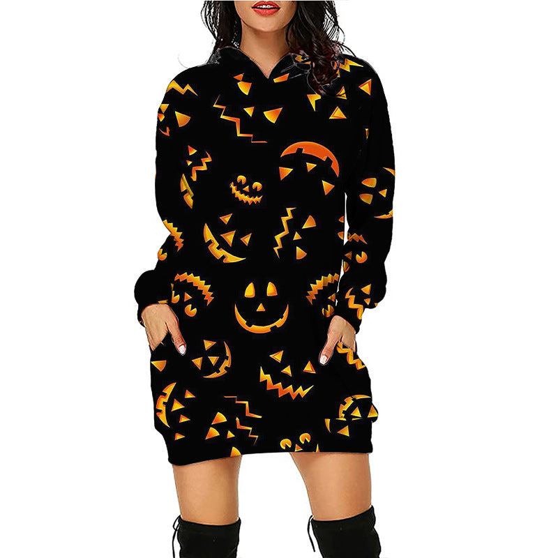 Halloween print mid-length pocket hooded long-sleeved sweatshirt
