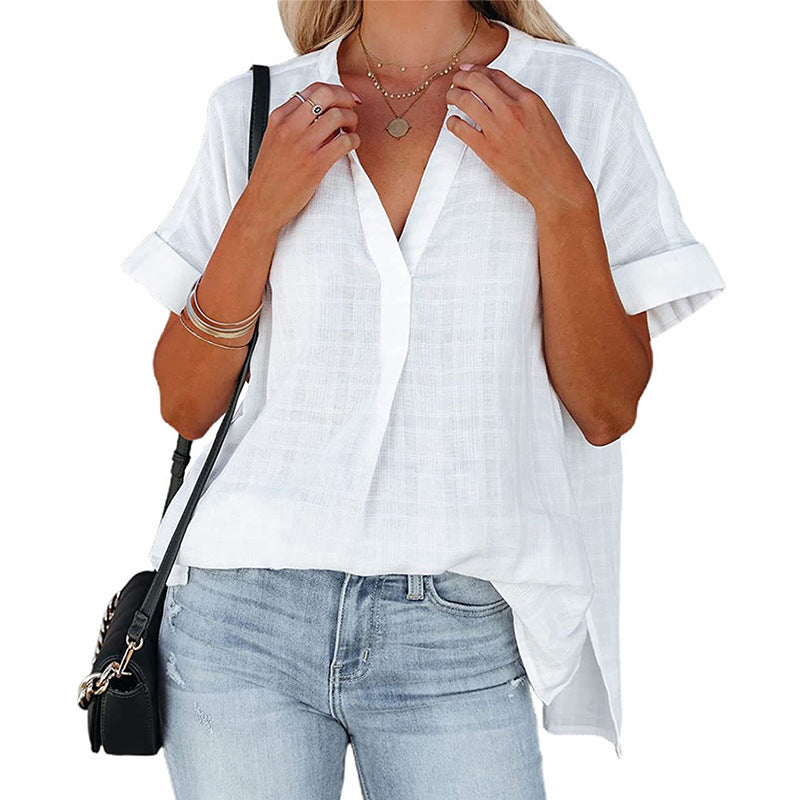 Women's V-neck short-sleeved striped thin loose check shirt