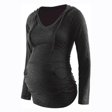 Load image into Gallery viewer, Maternity solid color hooded pocket long-sleeved T-shirt
