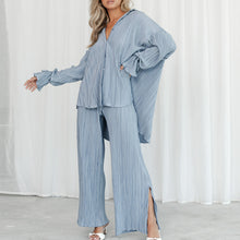 Load image into Gallery viewer, Women&#39;s Solid Color Pressed Pleated Long Sleeve Cardigan Shirt Slit Top Trousers Two-Piece Set
