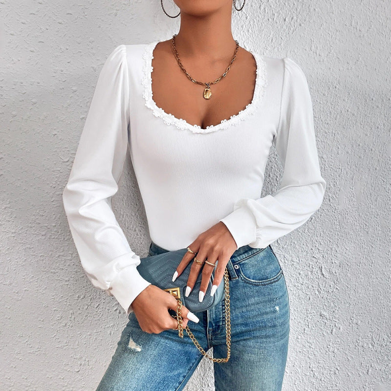 Women's V-neck Puff Sleeve Slim Fit Fashion Versatile Ladies T-Shirt Long Sleeve Lace French Top