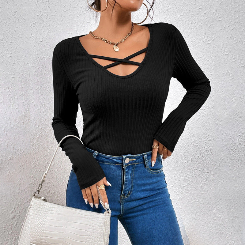 Women's solid color crossover V-neck long-sleeved T-shirt