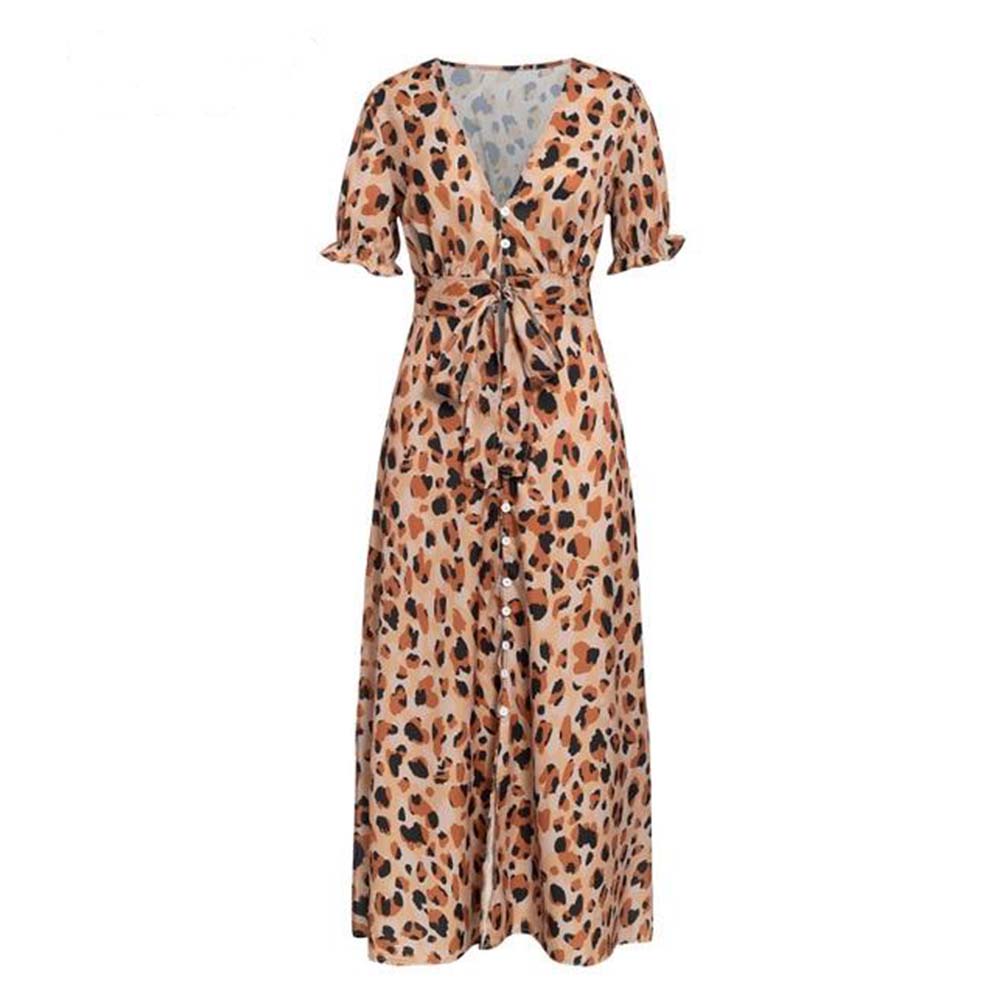 Leopard Ruffled High Waist Long Dress V-neck