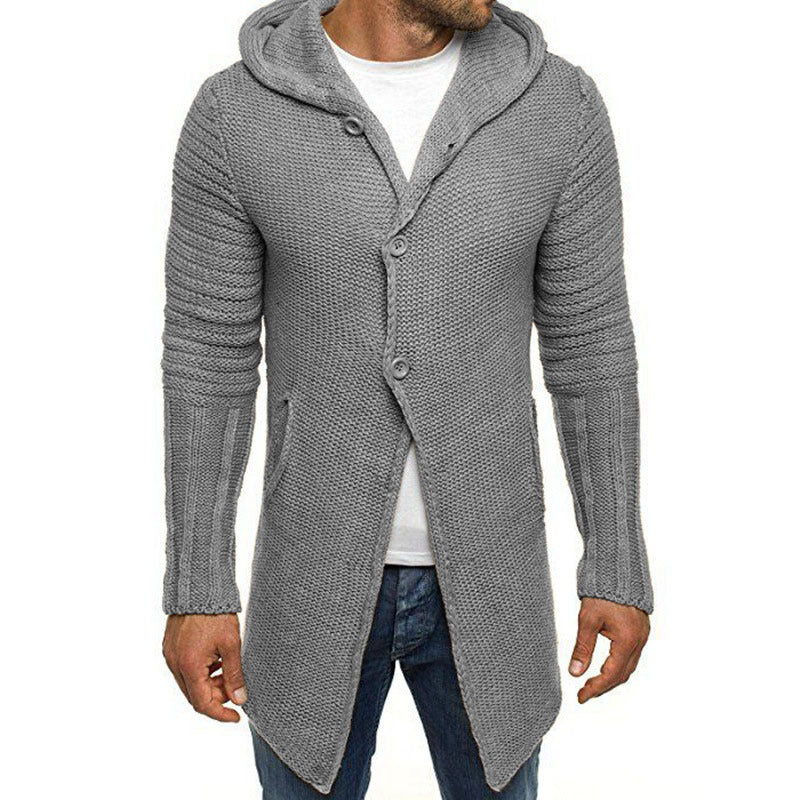 Men's solid color casual long hooded cardigan