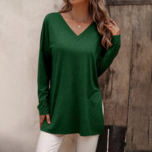 Load image into Gallery viewer, Women&#39;s casual solid color simple V-neck slit long-sleeved T-shirt
