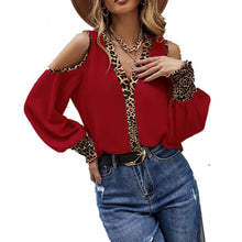 Load image into Gallery viewer, Leopard print stitching V-neck button off-the-shoulder long-sleeved top
