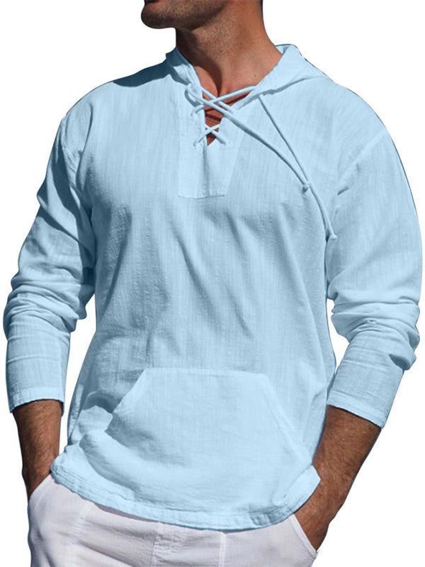 Men's casual cotton and linen tie hooded long-sleeved shirt