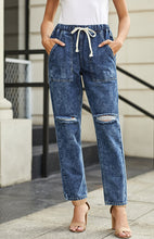 Load image into Gallery viewer, Distressed Drawstring Gather Round Distressed Pocketed Denim Jogger
