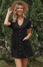 Load image into Gallery viewer, Women&#39;s Loose Shirt Dress V-Neck Short Sleeve Pleated Cotton Linen Dress

