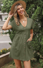 Load image into Gallery viewer, Women&#39;s Loose Shirt Dress V-Neck Short Sleeve Pleated Cotton Linen Dress
