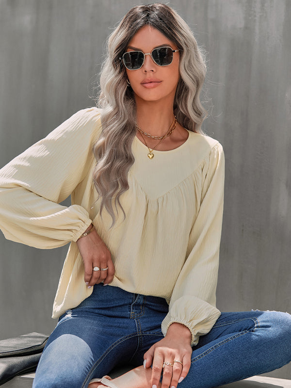 Loose Fit Long Sleeve Linen Blouse With Pleated V Hem