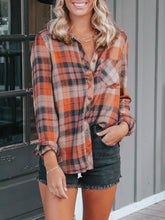 Load image into Gallery viewer, Women’s Long Sleeve Plaid Collared Shirt Button Up Flannel With Front Pouch Pocket
