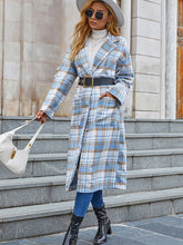 Load image into Gallery viewer, New Blue And White Plaid Long Sleeve Cardigan Trench Coat
