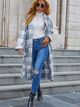 Load image into Gallery viewer, New Blue And White Plaid Long Sleeve Cardigan Trench Coat
