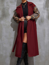 Load image into Gallery viewer, Women’s Long Collared Overcoat With Patchwork Sleeves And Front Waist Tie
