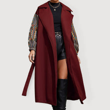 Load image into Gallery viewer, Women’s Long Collared Overcoat With Patchwork Sleeves And Front Waist Tie
