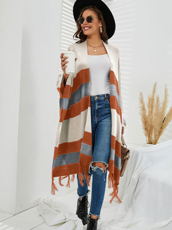 Women’s Striped Color Block Cover Up With Tassels